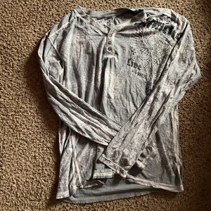 Affliction Gray Graphic Henley Shirt. Size L